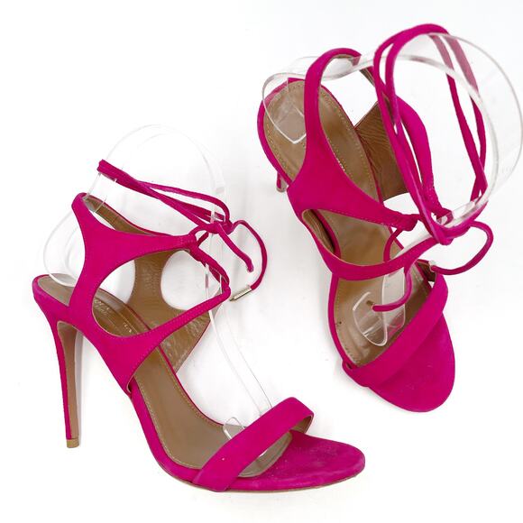 Aquazzura Colette Sandals Pink Suede Heels Ankle Wrap Tie Open Toe Sz 36.5 / 6.5 - Picture 2 of 12